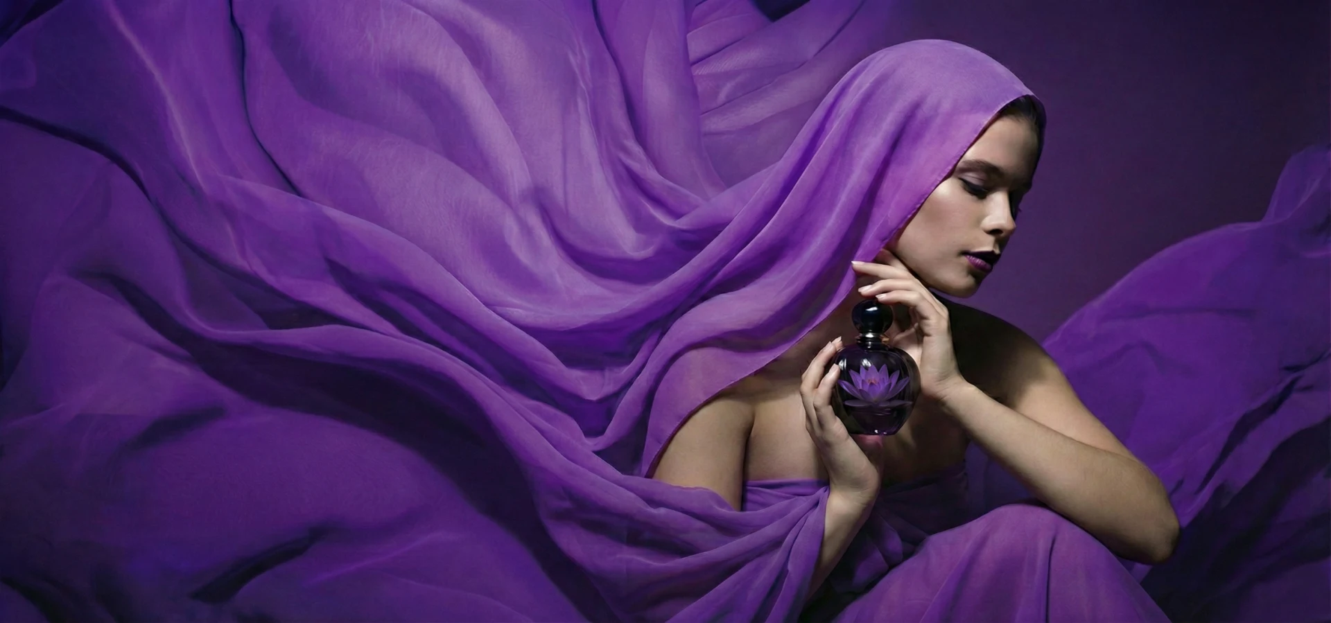 Dream Flower Parfum donna con flacone Donna con flacone di profumo avvolta in un drappo viola