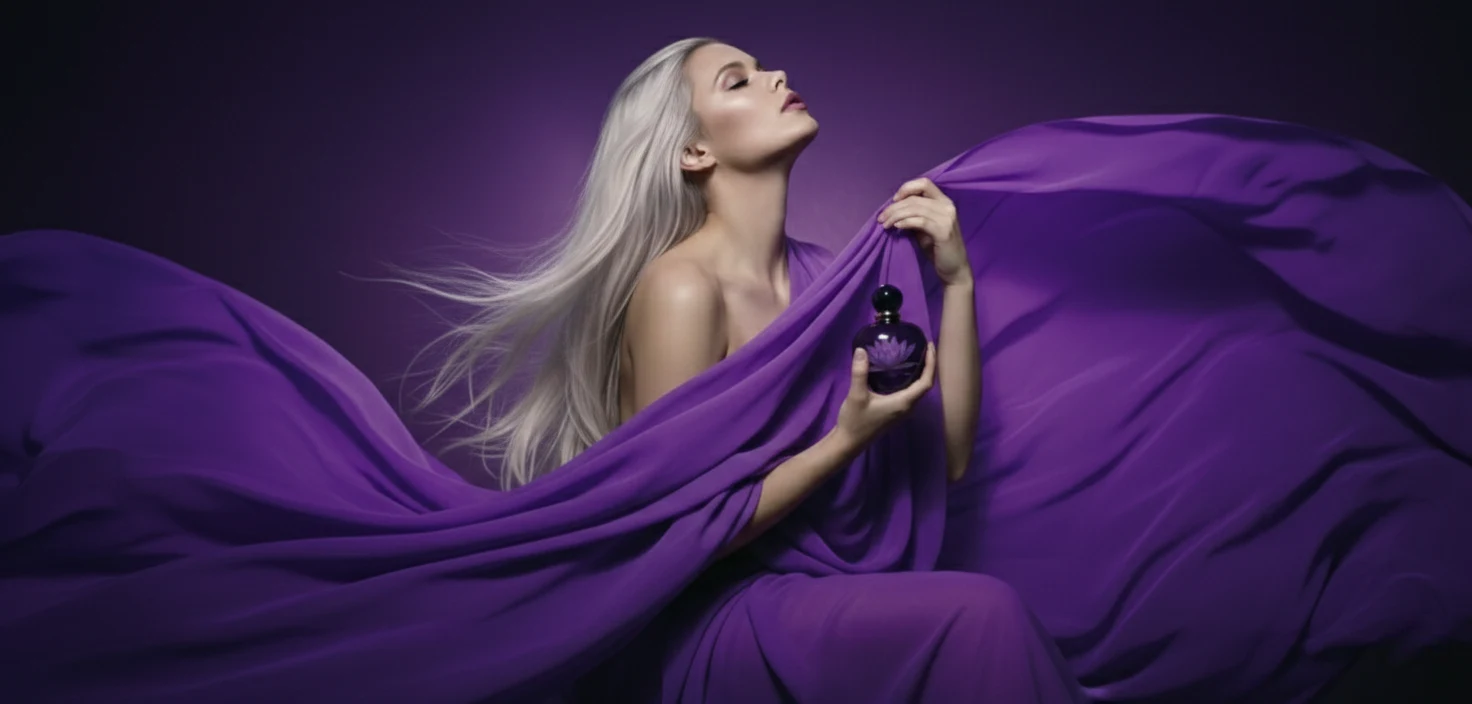 Modella bionda con flacone di profumo su drappo viola