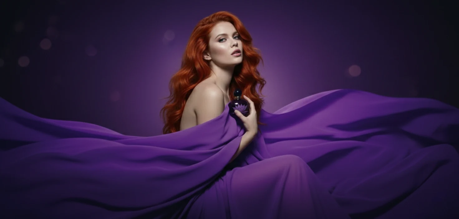 DFP_modella rossa con profumo Modella dai capelli rossi con flacone di profumo su drappo viola