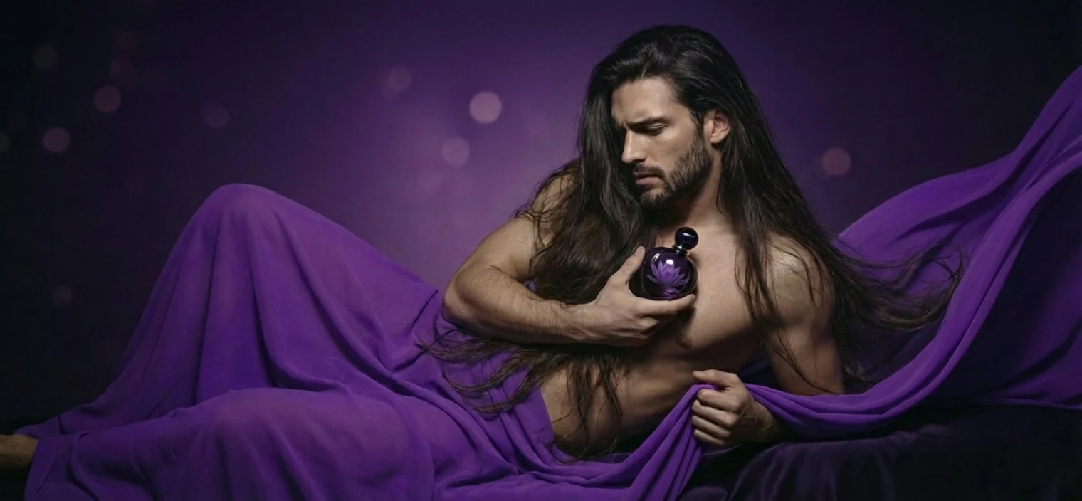 Uomo con flacone di profumo su drappo viola